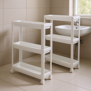 Chariot de rangement fin à 3 niveaux avec roulettes pour salle de bain, en plastique et métal, design détachable - Product Image 2