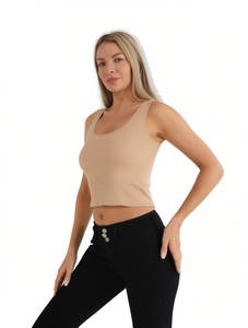 Débardeur court pour femme, col rond uni, en coton et élasthanne, tricoté, respirant, décontracté, longueur courte - Product Image 1