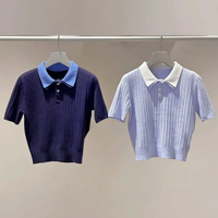 Preppy Style banlieue col rabattu demi manches tricot pull décontracté lambrissé chandails japon Moda Mujer