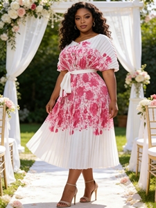Nouvelle arrivée, <span class=keywords><strong>robe</strong></span> maxi élégante à manches courtes imprimées, style Miyake, mode modeste, ceinture à boutons, <span class=keywords><strong>taille</strong></span> <span class=keywords><strong>plus</strong></span>, col en V, avec plis - Product Image 4