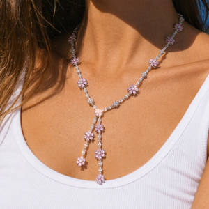 Collier en argent sterling 925 QX avec fleur en CZ rose, pendentif en Y, chaîne à pampilles, serti de zircons, vente en gros, personnalisable - Product Image 4