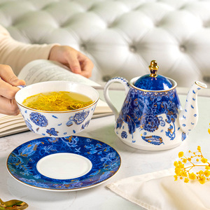 Bone <b>China</b> Tea Set - Navy Blue Gold Emblem Nesting Teapot with <b>Cup</b> <b>and</b> <b>Saucer</b> - Product Image 3