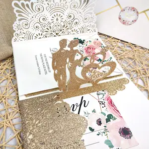 Design New High Quality Luxury Laser Cut Pop Up Wedding Invitations Card With Envelope
