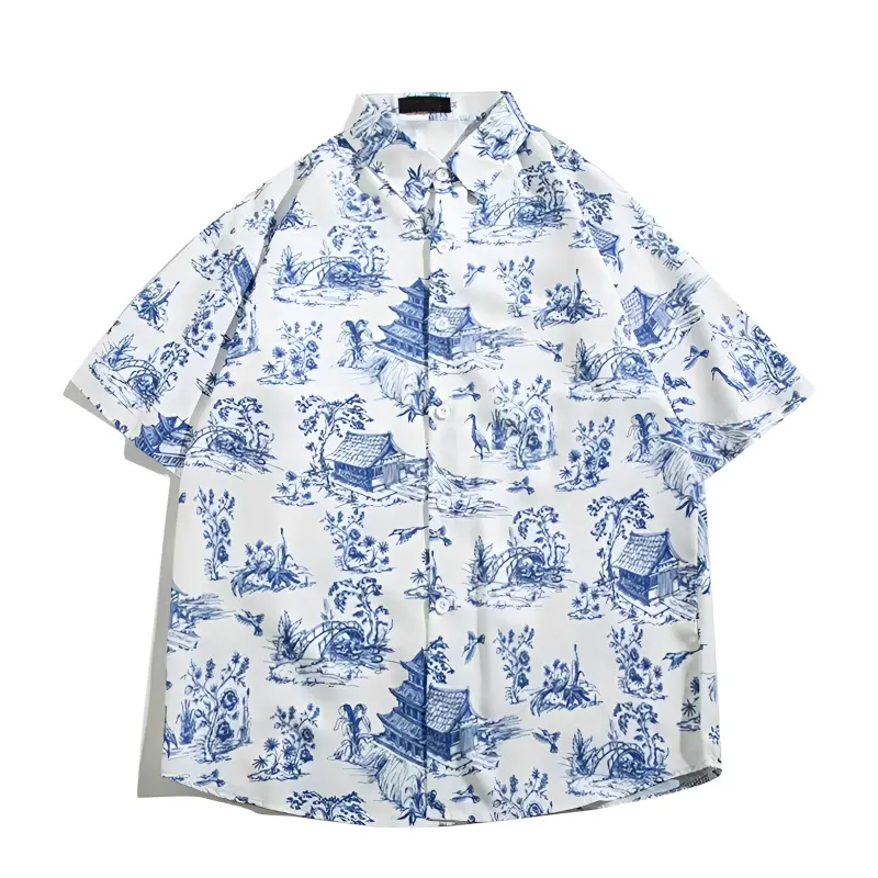 봄과 여름 새로운 하와이안 남성용 반팔 셔츠 남성용 캐주얼웨어로 적합한 버튼 다운 칼라