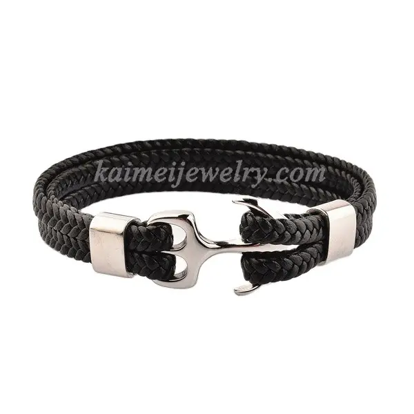 China Factory Wholesale Stainless Steel Fashion Jewelry Men Handmade Anchor Bracelet Of Leather