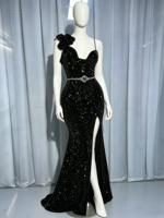 Robe de soirée sirène élégante noire, asymétrique, à bretelles, en velours pailleté, avec fente haute, pour femme, personnalisable