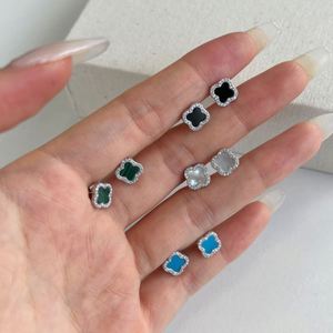 Dylam Trending Fine Fashion S925 Silver Four Leaf Clover 5A Zirconia Onyx <b>Turquoise</b> Malachite White Shell Stone <b>Stud</b> <b>Earrings</b> - Product Image 2