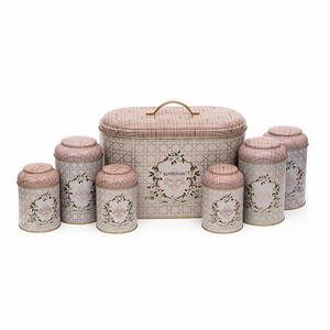 Kontensan 7-Piece Round Tin <b>Box</b> Kitchen <b>Set</b> with Dome Lid and Rosy Design - Product Image 2