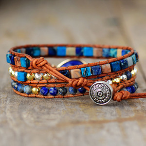 Bracelet en cuir multicouche Lapis Lazuli, forme goutte d'eau, serti de pierres, bijou cadeau - Product Image 3