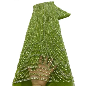 Nu. AI ricami di lusso perline paillettes tessuto da sposa verde chiaro con paillettes e perline da sposa tessuto di pizzo pesante