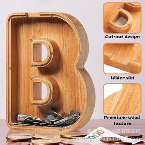 Tirelire en bois avec lettres anglaises, rangement portable pour pièces de monnaie, pour économiser et présenter, article cadeau - Product Image 4