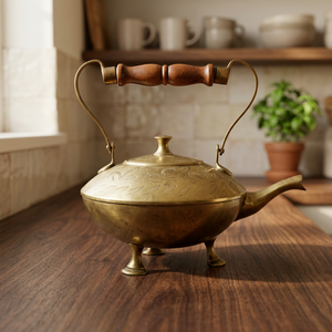 Vintage Brass Tea Pot With Wooden Handle And Engraved Floral Design Water Pots & <b>Kettles</b> - Product Image 2