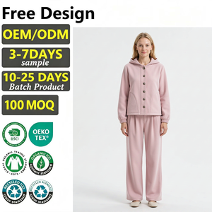 LEDUO Custom <b>Women</b> Hooded Placket <b>Top</b> And Wide Leg Trousers Soft <b>Fleece</b> Daily Casual Garment - Product Image 1