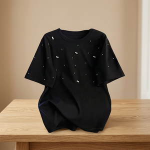 Women's Black Pearl <b>Beaded</b> Short Sleeve T-Shirt Crew Neck Loose Fit Casual Knitted <b>Top</b> All Seasons Wear - Product Image 3