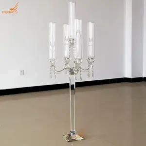 Großhandel elegante 5 Arme Klarglas Kerzenhalter Kristall Votiv Kandelaber für Hochzeit Tisch dekoration