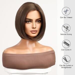 วิกผมบ๊อบตรงสีน้ำตาลเข้มมีรากผมสีน้ำตาลเข้มวิก13X1X5สังเคราะห์<span class=keywords><strong>ผม</strong></span>ปลอมแบบมีลูกไม้รูปตัวทีสะพายไหล่ - Product Image 5