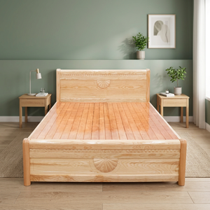 Modern Minimalist 2m <b>Oak</b> Wood Bed Hand Carved Queen/King/Double Sizes Solid Wood MDF <b>Frame</b> Natural Cream Color 250-450kg Load - Product Image 3
