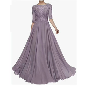 Lace Evening Dress A-Line Boat Neck Chiffon Empire Waist Floor Length For Banquet Ball - Product Image 1