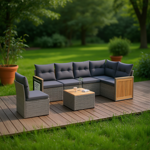 Ensemble de canapés de jardin gris en rotin, 6 places, avec coussins, mobilier d'extérieur au design contemporain, structure en teck - Product Image 2