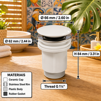 Accessoires sanitaires : Bouchon de vidange antibactérien en céramique pour lavabo, type Pop-up Click-Clack, avec fonction d'arrêt d'eau