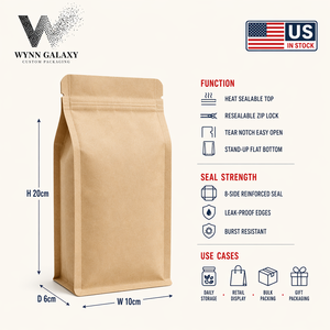 ถุงคราฟท์แบบตั้งได้สำหรับอาหารเกรด OEM ของสหรัฐอเมริกา ขนาด 10*20*6 ซม. (4*7.9*2.4 นิ้ว) มีซิปล็อคแบบรูดขึ้นได้ สำหรับบรรจุข้าว เมล็ดกาแฟ - Product Image 2