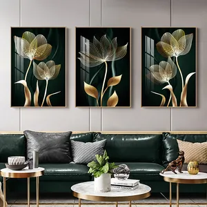 Golden Green Flowers Leaf Canvas Posters and Prints Abstract Wall Art Painting Modern Home Decor Crystal Porcelain Painting