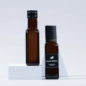 Botellas de vidrio cuadradas con tapas de metal negro para aceite de oliva, pequeñas, ámbar, 100ml