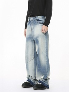 Jeans in denim distressed effetto acido da uomo, di alta qualità, con vernice vintage, firmati, personalizzati, streetwear, baggy, con effetto baffo di gatto - Product Image 3