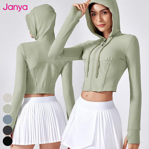Janya, chaquetas de Fitness para gimnasio delgadas para mujer, de manga larga Sudadera con capucha, agujero para el pulgar, deportes para correr, chaqueta de Yoga con cremallera completa, estampado transpirable - Product Image 6