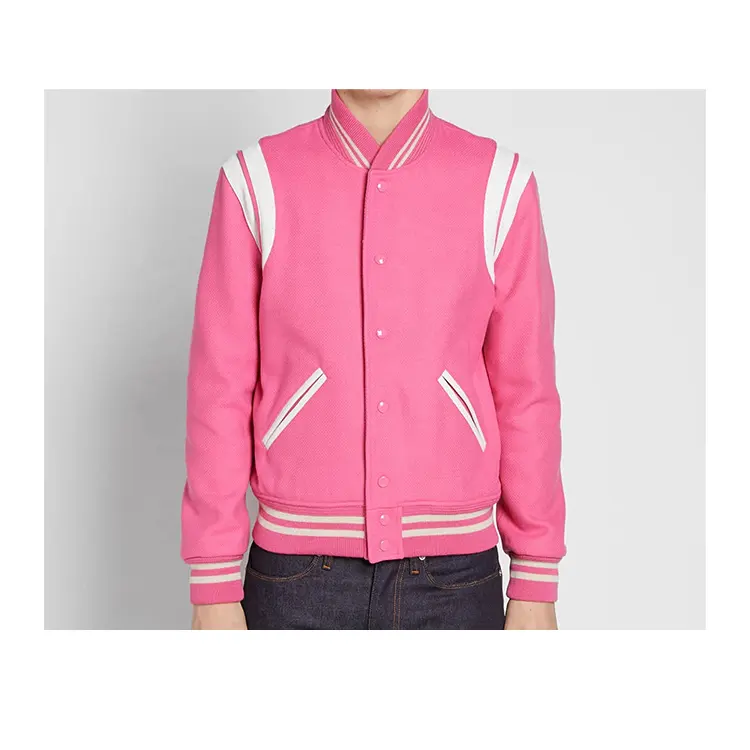 Utility Custom Leather Welt Pockets Varsity Letterman Jackets Men Plain High Quality Knitted Ribbing Collar Pink Varsity Jacket
