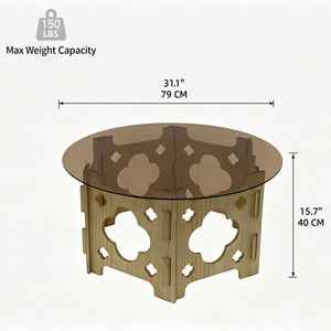Tavolino da Caffè Rotondo in Vetro Temperato con Piano Caramello e Base in Legno Traforato Stile Rustico - Product Image 6