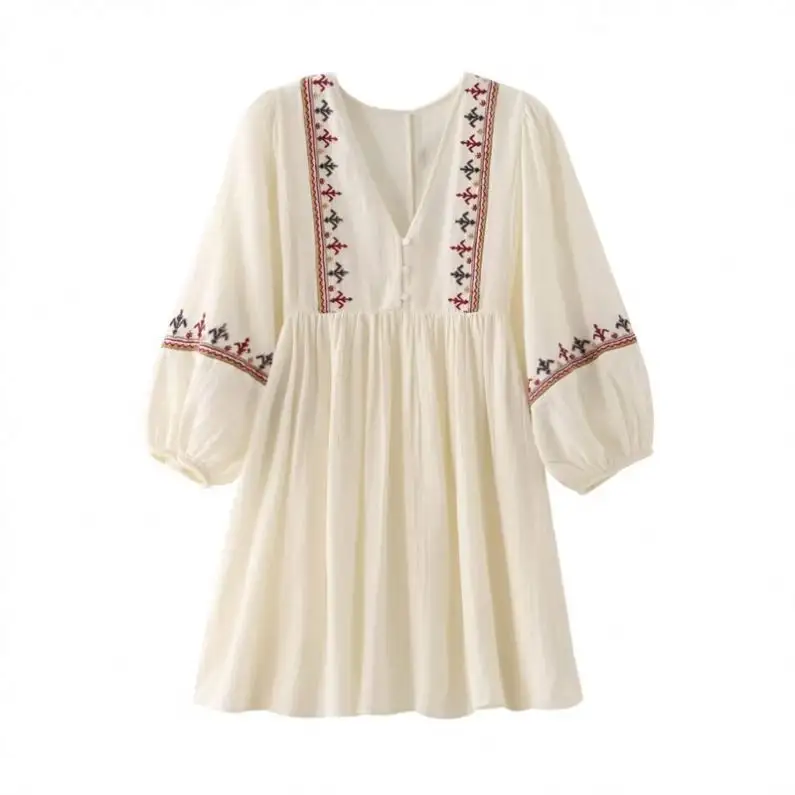 CUSTOM LOGO white ethnic style loose cotton and linen artistic embroidery V-neck dress petite 2024 new women's summer 5770042