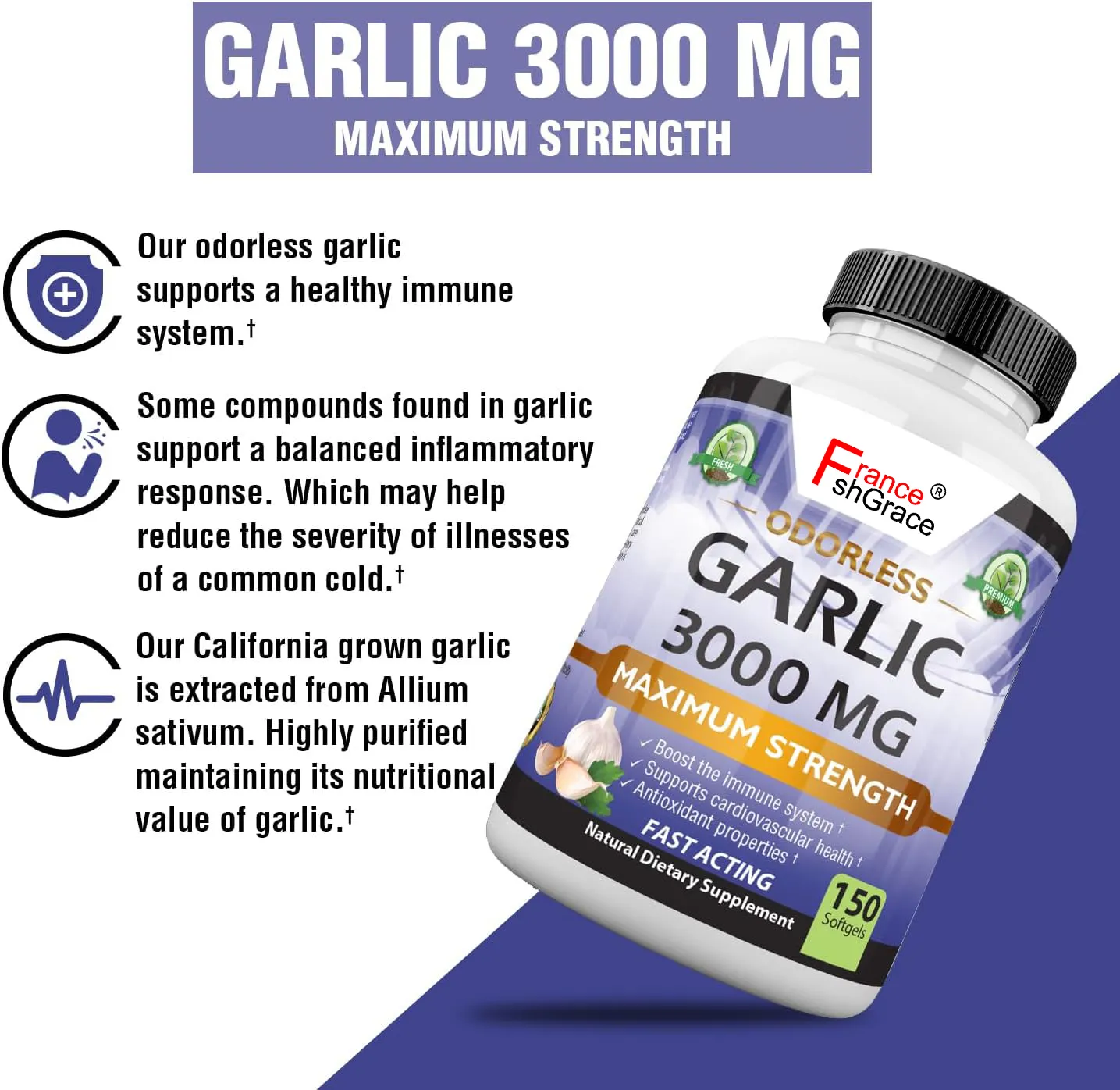 無臭の純粋なガーリックサプリメント3000 mg/サービング最大強度150ソフトジェルは健康的なコレステロールレベルを促進します