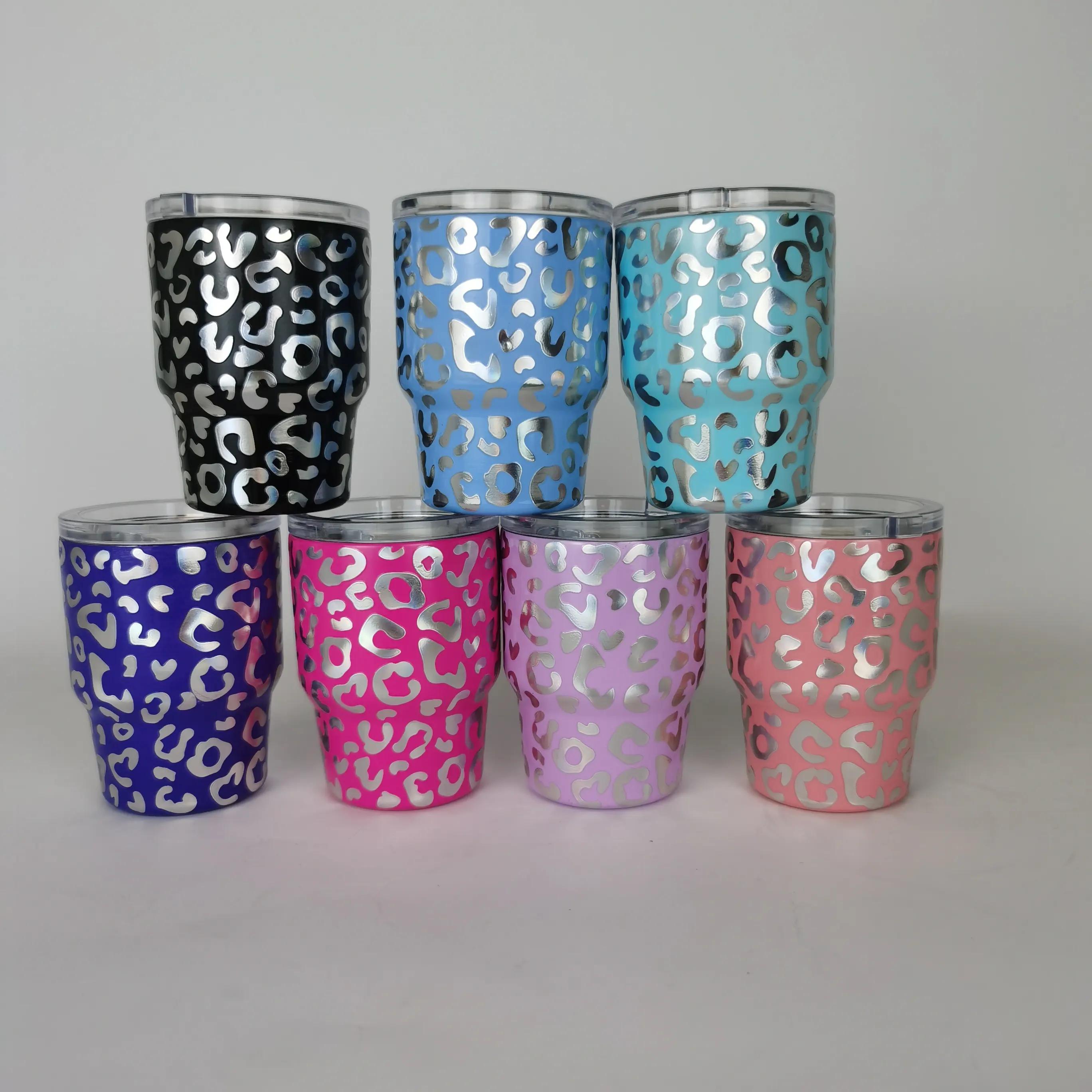 2 oz tumbler shot glasses double wall cute seamless stainless steel 2oz shot glass Leopard print with lid and stainless straw