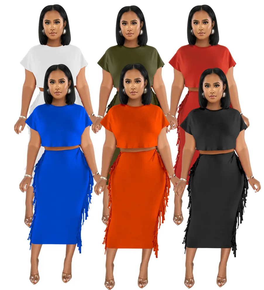 X6331 नवीनतम डिजाइन दो टुकड़ा सेट महिलाओं के वस्त्र लटकन हे गर्दन लघु आस्तीन शीर्ष लंबी स्कर्ट सेट महिलाओं 2 टुकड़ा महिलाओं के लिए संगठनों