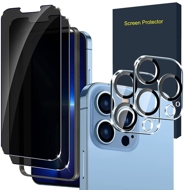 Hot Sell Bubble Free Touch Sensitive 2 Pack Privacy Screen Protector and 2Pack Camera Lens Compatible for Iphone 13 Mini Pro Max