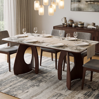 Table à manger en verre de luxe moderne, motif marbre imprimé en 3D, pieds en bois massif courbés, structure en métal, rectangulaire, pour la maison et l'hôtel