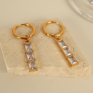 Geometric Hoop <b>Earrings</b> With Rectangular Zircon Stones Bezel Setting For Party Women <b>Gold</b> Tone <b>Dangle</b> <b>Earrings</b> - Product Image 3