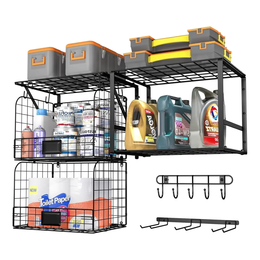 Garage Shelf Wall Mounted with Wire baskets, Heavy Duty Garage Wall Shelving with Garden Tool Rack and Hooks