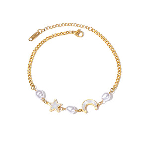 Tobilleras de Acero Inoxidable con Estrella y Luna, Chapadas en Oro de 18K, para Mujer, Modernas, con Perlas, que No se Destiñen y son Versátiles, Venta al Por Mayor - Product Image 2