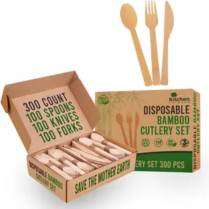 Vajilla desechable biodegradable, tenedor de bambú ecológico, cuchara, cuchillo, cubiertos de Bambú