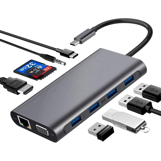 USB-C Hub Multiport Adapter 4K for VGA Gigabit Ethernet 3 USB 3.0 SD TF Card Reader 3.5mm Audio PD Charging Docking in Stock