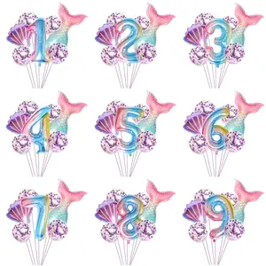 7Pcs Mermaid Folie Ballonnen Aniversario 32 Inch Nummer Gelukkige Verjaardag Trek Decoratie Kids Baby Meisje Prinses Helium Lucht Globos