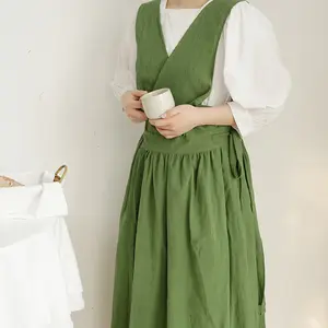 MYGO v领性感再生棉麻围裙素色两个口袋女性时尚现代厨房围裙