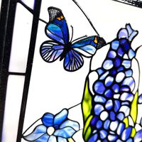 Panneau de vitrail suspendu carré Bluebonnet motif Fleur d'iris bleue et Papillon, 78 pouces, en verre véritable, attrape-soleil, décoration maison et jardin, cadeau