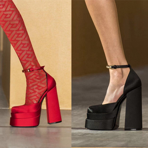 New Trendy Big Square Toe Sandals Diamonds Ankle Strap Block High Heel Shoes Dress <b>Pumps</b> Wedding Party Big Size 43 - Product Image 5