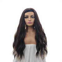 Perruque avec bandeau fabriquée en machine, ondulations corps marron foncé avec mèches argentées, cheveux synthétiques sans coll