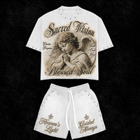 Ensemble streetwear Y2K pour homme : T-shirt à strass et rivets et short, motif ange, coupe oversize et ample, style survêtement