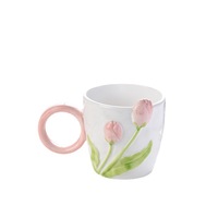 Tasse créative en céramique motif tulipe 3D, résistante aux hautes températures, avec poignée et cuillère, idéale pour café et lait, coffret cadeau de bureau