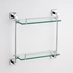 Bathroom accessory brass material wall mounted double glass storage shelf for bath fitting